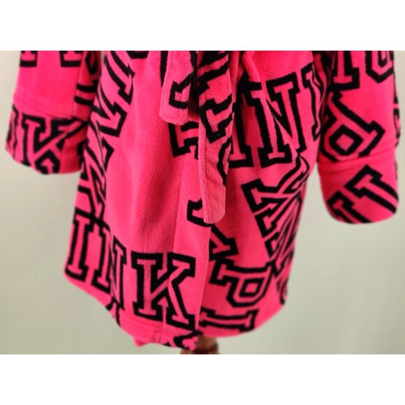 Victoria Secret Pink Size M Hot Pink Logo in Black Fleece Bathrobe with Belt - Picture 4 of 11